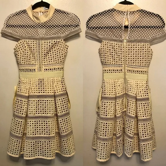 Self Portrait Crosshatch Paneled Mini Dress Yellow - Picture 2 of 9